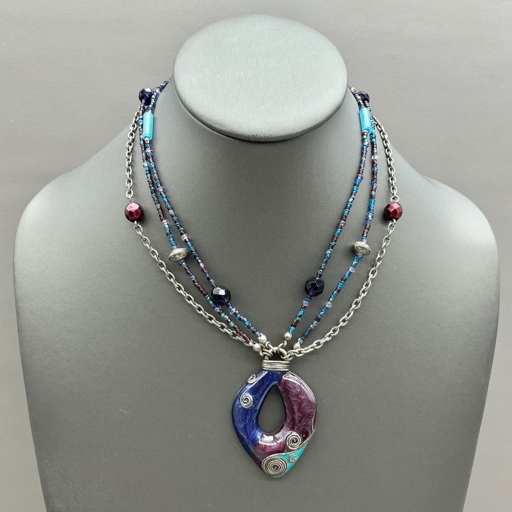 Chico's Necklace Women Purple Blue Multi Strand Beaded Enamel Pendant 18 Inch